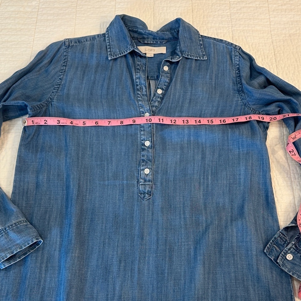 Loft Small Soft Chambray Shirt Dress Sleeve Tab Knee length Tunic Shirt Dress - Picture 3 of 7